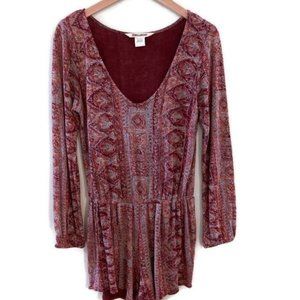BILLABONG See the Sun Long Sleeve V-neck Romper. Red Pattern. Size M